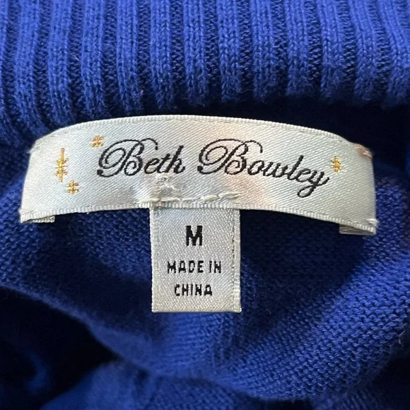 BETH BOWLEY Royal Blue Turtleneck Sweater w Ruffle Sz M - Picture 3 of 6